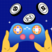 Illustration of a pair of hands holding a blue gaming controller with retro-style buttons. Above the controller, three floating coins display different symbols—skull, triangle, and dollar sign—representing gaming tokens against a blue grid background with sparkles. | eCryptoBit