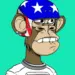 A digital illustration of a cartoon ape wearing a blue helmet with white stars and a white shirt. The ape has a serious expression, perhaps pondering how to make money with NFT art, against a solid turquoise background. | eCryptoBit