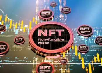 An illustration featuring multiple digital tokens labeled "NFT Non-fungible token" floating in front of a financial chart with candlestick graphs. The blurred city skyline in the background highlights the contrast of fungible vs non-fungible tokens in the modern financial landscape. | eCryptoBit