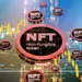 An illustration featuring multiple digital tokens labeled "NFT Non-fungible token" floating in front of a financial chart with candlestick graphs. The blurred city skyline in the background highlights the contrast of fungible vs non-fungible tokens in the modern financial landscape. | eCryptoBit
