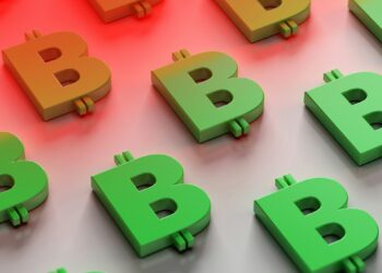 An array of 3D Bitcoin symbols, depicted in green and orange, is arranged on a reflective surface. The top part of the image fades into a red gradient background, creating a visually striking contrast that highlights the emergence of stablecoins. | eCryptoBit