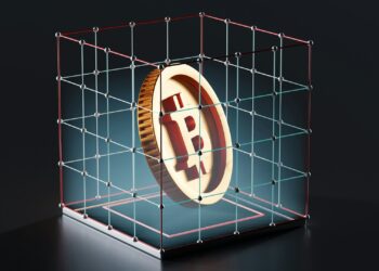 A 3D rendering of a golden Bitcoin symbol enclosed within a transparent wireframe cube, placed on a dark background. The Bitcoin symbol is centered, embodying the essence of investing in crypto, while the wireframe structure, made of intersecting lines with nodes at the connections, adds an intricate touch. | eCryptoBit
