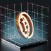 A 3D rendering of a golden Bitcoin symbol enclosed within a transparent wireframe cube, placed on a dark background. The Bitcoin symbol is centered, embodying the essence of investing in crypto, while the wireframe structure, made of intersecting lines with nodes at the connections, adds an intricate touch. | eCryptoBit