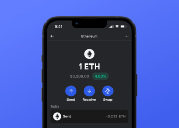 A smartphone screen displays a cryptocurrency wallet app interface with details of Ethereum (ETH). It shows a balance of 1 ETH valued at $3,208.00, indicating a 4.83% increase. Below it, options for "Send," "Receive," and "Swap" are visible, along with a guide on how to buy Ethereum. | eCryptoBit
