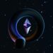 A metallic, futuristic ring floating in a starry outer space backdrop with a glowing geometric, diamond-shaped object in the center. The image evokes a sense of Ethereum’s blockchain technology intertwined with space exploration and advanced innovation. | eCryptoBit