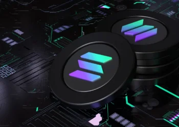 A stack of dark-colored coins with the Solana (SOL) cryptocurrency logo, featuring a gradient of purple, blue, and green lines, is placed on a high-tech, futuristic circuit board background with illuminated green and blue lines and geometric patterns—inviting you to buy SOL. | eCryptoBit