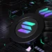 A stack of dark-colored coins with the Solana (SOL) cryptocurrency logo, featuring a gradient of purple, blue, and green lines, is placed on a high-tech, futuristic circuit board background with illuminated green and blue lines and geometric patterns—inviting you to buy SOL. | eCryptoBit