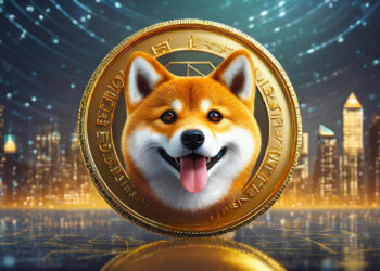 A golden coin featuring a happy Shiba Inu dog in the center, with Japanese script encircling it. The background shows a cityscape with tall buildings and vibrant lights, against a starry night sky. The scene has a futuristic and digital ambiance that instantly evokes curiosity on how to buy Dogecoin. | eCryptoBit