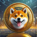 A golden coin featuring a happy Shiba Inu dog in the center, with Japanese script encircling it. The background shows a cityscape with tall buildings and vibrant lights, against a starry night sky. The scene has a futuristic and digital ambiance that instantly evokes curiosity on how to buy Dogecoin. | eCryptoBit