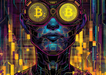 Futuristic digital artwork of a person with glowing, circuit-like patterns on their face. They wear large, round glasses with Bitcoin symbols on the lenses. The background is a complex array of neon lines and geometric shapes—a vision of NFT Future -driven futures. | eCryptoBit