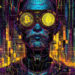Futuristic digital artwork of a person with glowing, circuit-like patterns on their face. They wear large, round glasses with Bitcoin symbols on the lenses. The background is a complex array of neon lines and geometric shapes—a vision of NFT Future -driven futures. | eCryptoBit