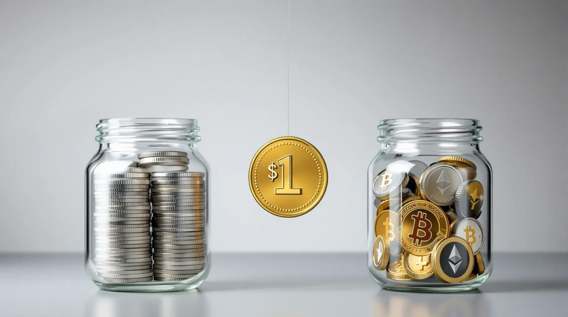 Two glass jars: one stacked with silver coins, the other filled with gold and silver cryptocurrency tokens, including stablecoins. A gold coin marked "$1" hangs between them against a plain background. | eCryptoBit
